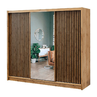 CALVERO 250cm 3 door sliding wardrobe in medium oak with slatted outer doors and mirrored centre.