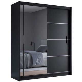 Black two-door sliding wardrobe with one mirrored door
