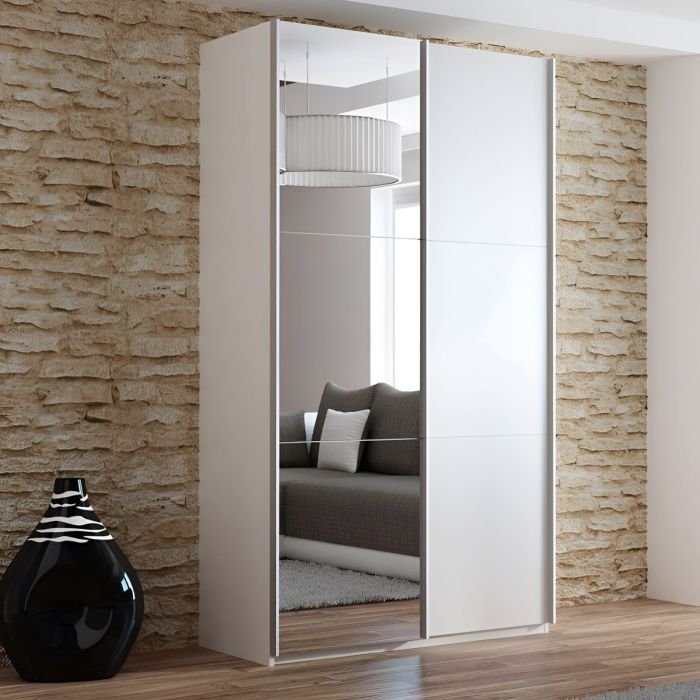 White 2 door mirrored sliding wardrobe with full-length mirrored doors
