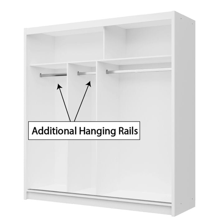 White 2 door sliding wardrobe interior with shelves and additional hanging rails labelled.