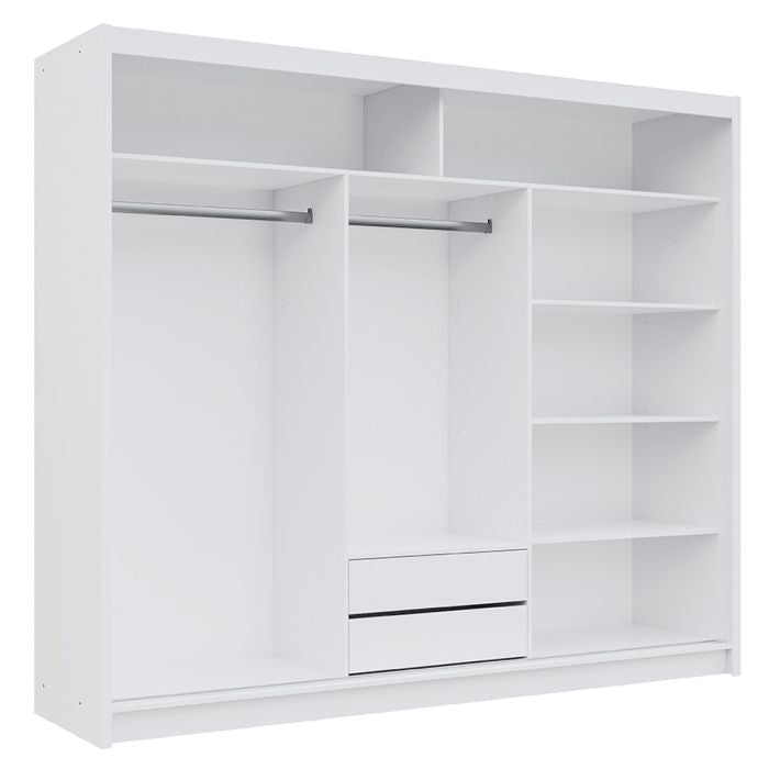 White three-door sliding wardrobe with one mirrored door and visible internal shelves and drawers