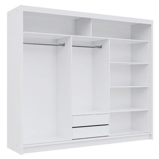 White three-door sliding wardrobe with one mirrored door and visible internal shelves and drawers