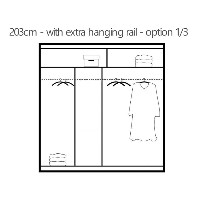Line drawing of 203cm sliding wardrobe internal layout with two hanging rails and shelves