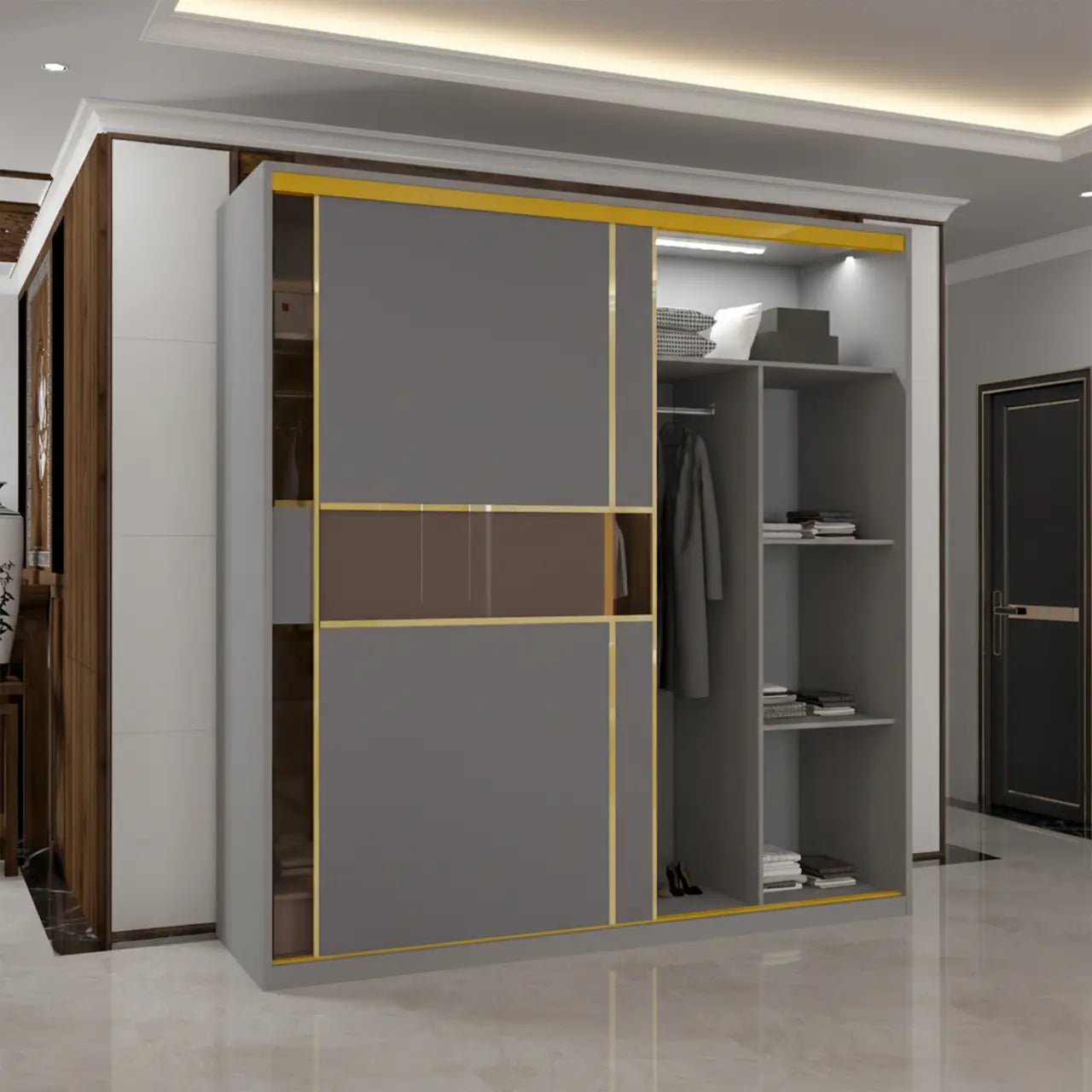 Aurelia 200cm 2-Door Glass-Fronted LED Sliding Wardrobe – Grey & Gold – product image 3