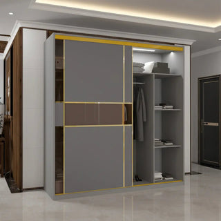 Modern Sliding Wardrobe with Glass Door & LED Lights - Grey & Gold Trim