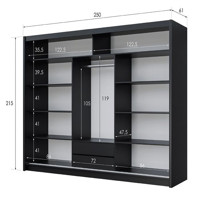 Black 250cm sliding wardrobe with three doors and one mirrored panel, showing internal dimensions.