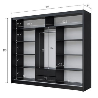 Black 250cm sliding wardrobe with three doors and one mirrored panel, showing internal dimensions.