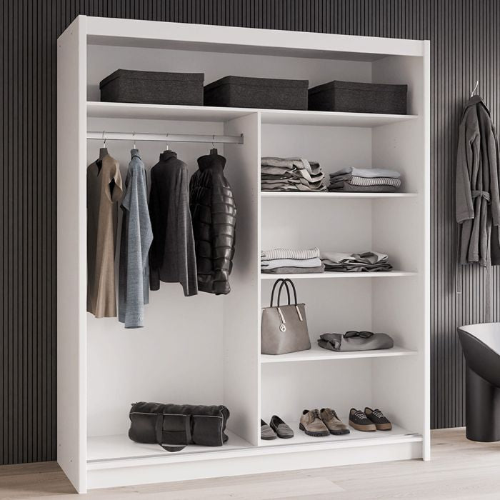 White sliding wardrobe with 2 doors, showing hanging and shelf storage inside