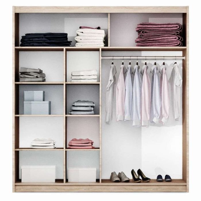 Light wood sliding wardrobe with 2 doors, showing hanging clothes, folded towels, and storage boxes