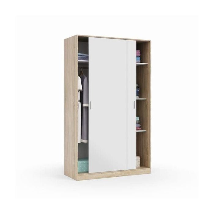DIRHAM 120cm 2-door sliding wardrobe in white and oak effect with open section showing shelves.
