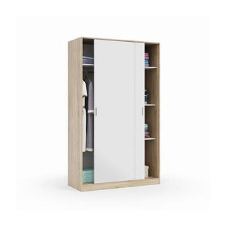 DIRHAM 120cm 2-door sliding wardrobe in white and oak effect with open section showing shelves.