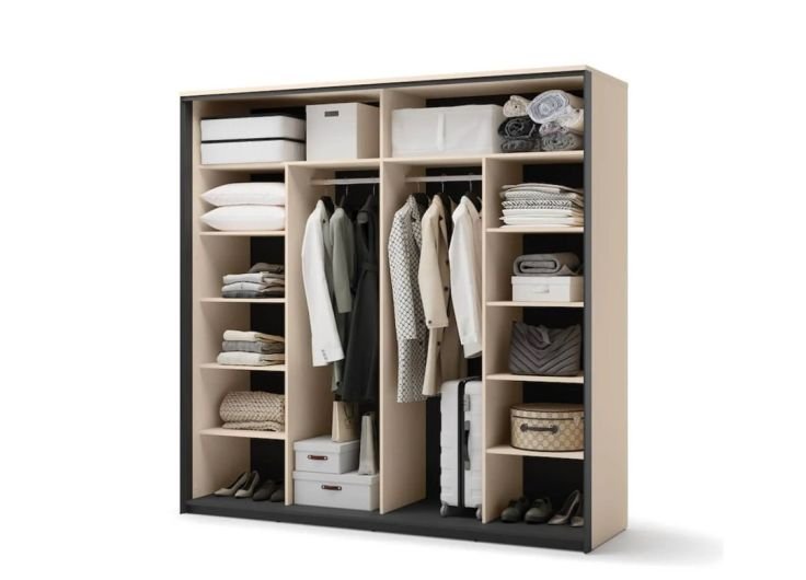 ALPHA SLIDING 2 DOOR WARDROBE BEIGE & BLACK 220CM internal storage with shelves and hanging rails