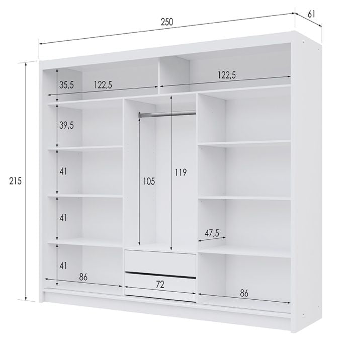 250cm white 3-door sliding wardrobe with internal dimensions diagram