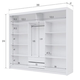250cm white 3-door sliding wardrobe with internal dimensions diagram