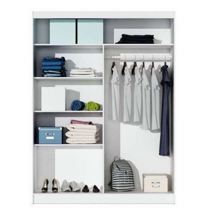 Interior view of a white sliding wardrobe showing hanging clothes, shelves with folded items, boxes, and shoes.