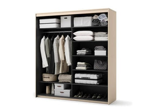 ALPHA SLIDING 2 DOOR WARDROBE BEIGE & BLACK - Open interior with hanging clothes, folded items, and luggage