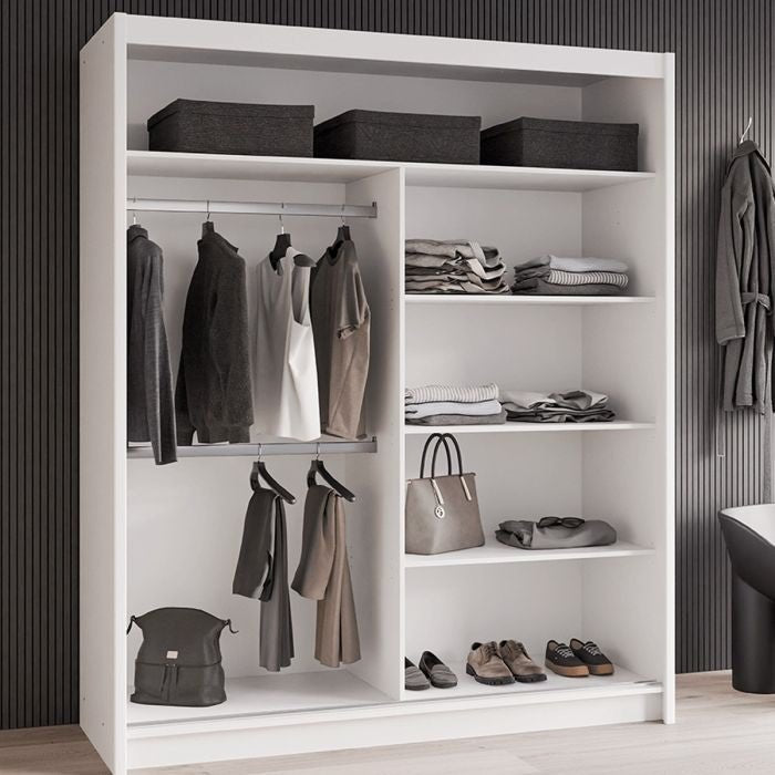 White 2-door sliding wardrobe with hanging clothes and shelves interior