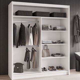 White 2-door sliding wardrobe with hanging clothes and shelves interior