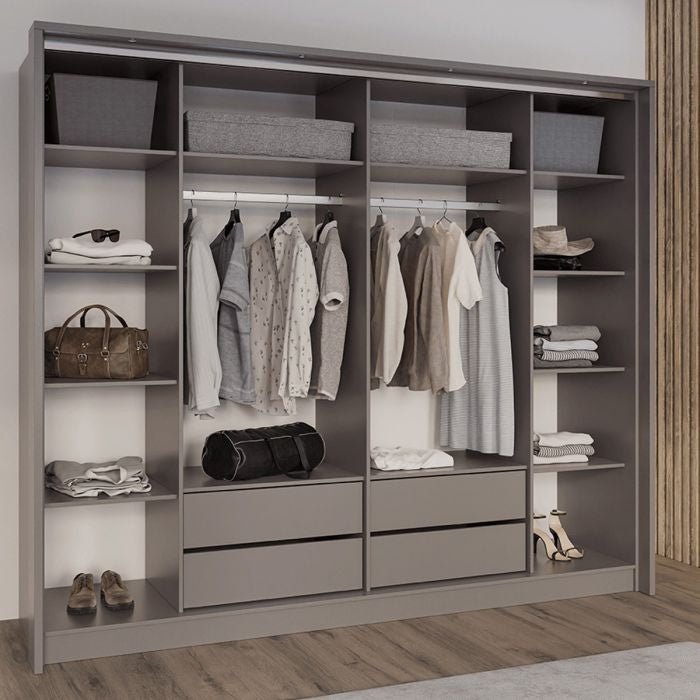 Grey 2 door sliding wardrobe with internal shelves, hanging rails, and drawers.
