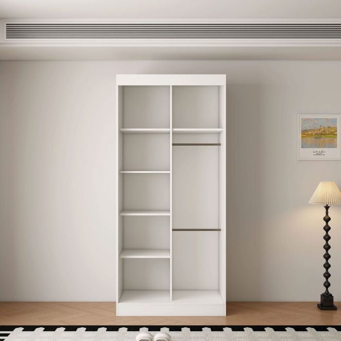 White 2-door sliding wardrobe with open shelving and hanging rails