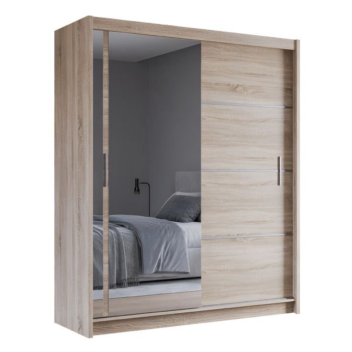 Sonoma oak 2-door sliding wardrobe with one mirrored door