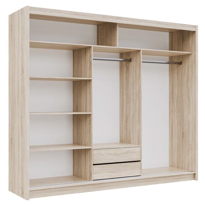 Sliding wardrobe in Oak Sonoma finish with 3 doors, showing interior shelves and two drawers.