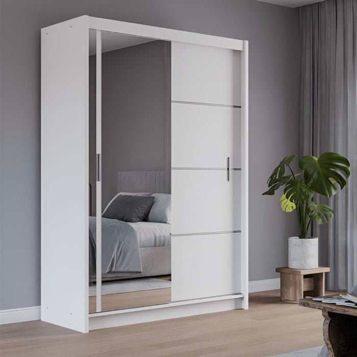 White 2-door sliding wardrobe with mirrored door