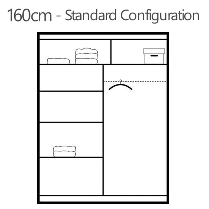 160cm sliding wardrobe standard configuration line drawing showing shelves and hanging rail.