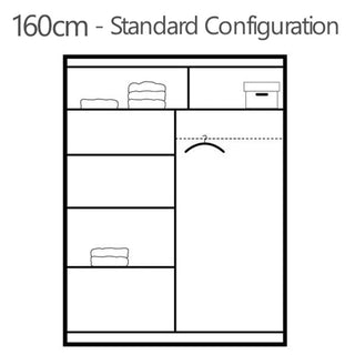 160cm sliding wardrobe standard configuration line drawing showing shelves and hanging rail.