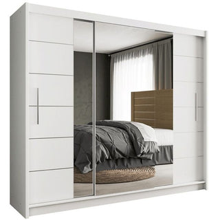 White 3-door sliding wardrobe with mirrored centre doors and horizontal panel detail