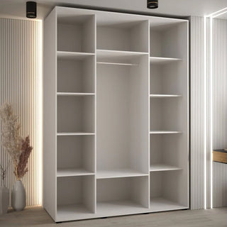 White wardrobe with 3 sliding doors and visible open shelving