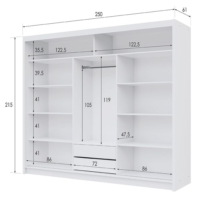 White 3-door sliding wardrobe with dimensions 250cm W x 215cm H x 61cm D, showing internal shelving and hanging rail.