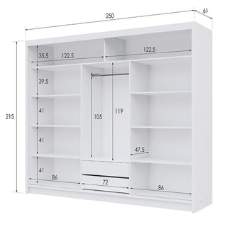 White 3-door sliding wardrobe with dimensions 250cm W x 215cm H x 61cm D, showing internal shelving and hanging rail.