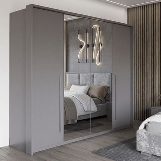 Grey 2-door mirrored sliding wardrobe reflecting a modern bedroom interior.