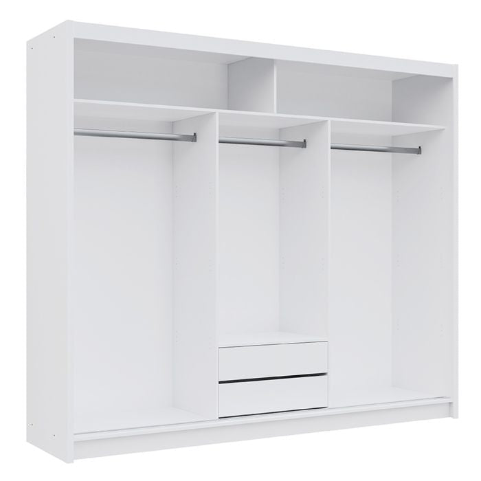 White 3-door sliding wardrobe interior with two hanging rails, central drawers, and shelves.