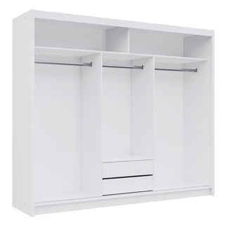 White 3-door sliding wardrobe interior with two hanging rails, central drawers, and shelves.