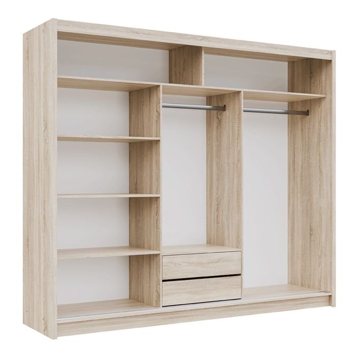 Light wood sliding wardrobe with two doors, showing internal shelves, hanging rails, and two drawers.