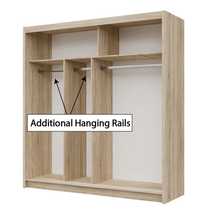 Oak Sonoma sliding wardrobe interior with multiple shelves and additional hanging rails shown.