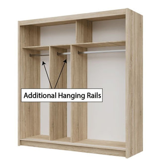 Oak Sonoma sliding wardrobe interior with multiple shelves and additional hanging rails shown.