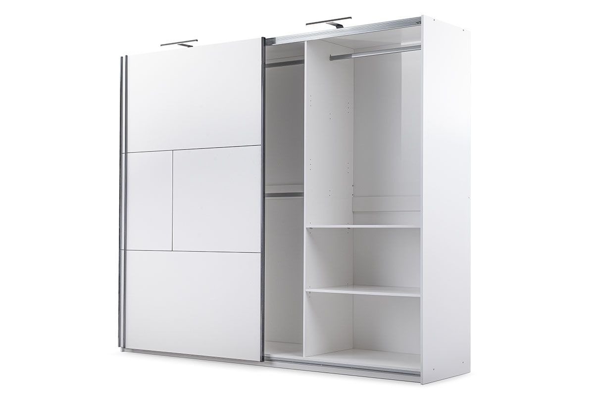 White CASTELLOA 250cm sliding wardrobe open showing interior storage
