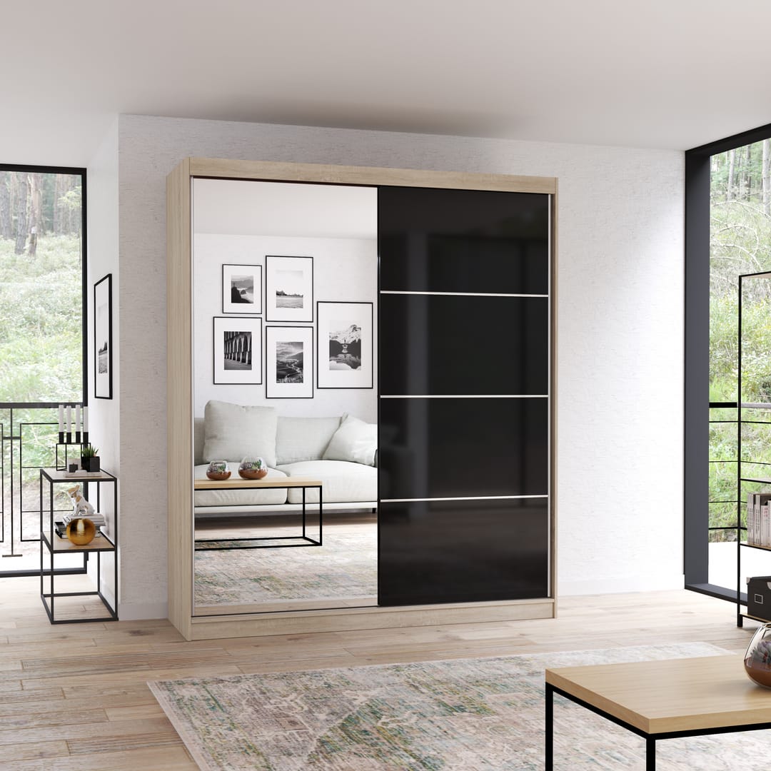 CHOICEWARDROBE Mesa 2 Door Sliding Wardrobe Oak & Black Gloss with Mirrored Panel