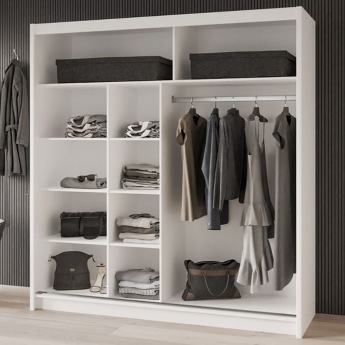 HIGHLAND 2 Door White Sliding Wardrobe with shelves, hanging space, bags and boxes.