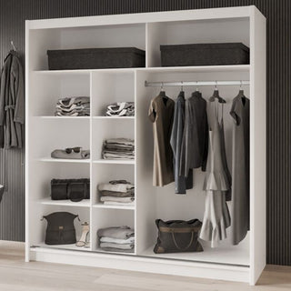 HIGHLAND 2 Door White Sliding Wardrobe with shelves, hanging space, bags and boxes.