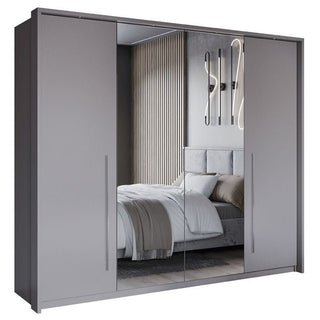 KIRKLEES 2 door grey sliding wardrobe with mirrored centre doors, 256cm width