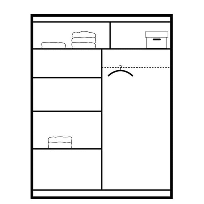 Diagram of CHOICEWARDROBE HIGHLAND white 150cm 2 door sliding wardrobe interior layout with shelves and hanging rail.