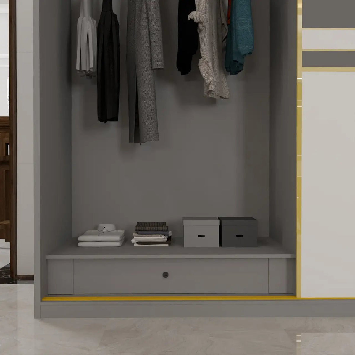 Grey wardrobe interior with hanging clothes, stacked folded garments, and storage boxes.