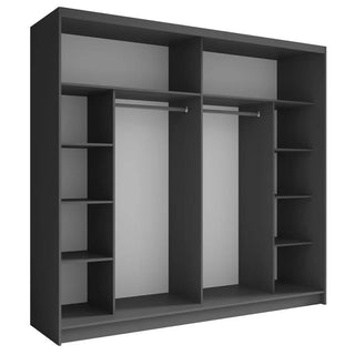 Graphite sliding door wardrobe with mirrored panels, internal shelves and hanging rails