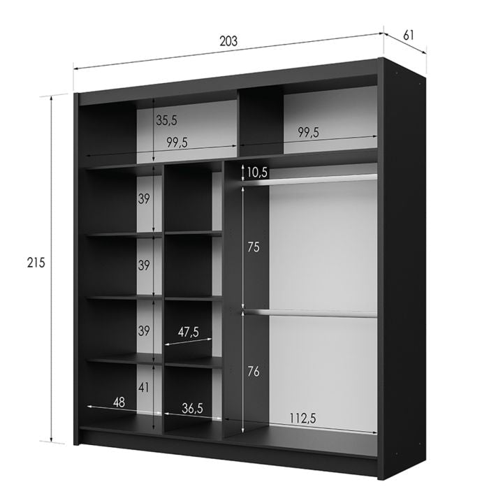Black BROADLAND sliding wardrobe technical drawing showing dimensions 203cm width, 215cm height.