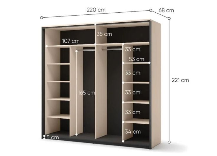 Wardrobe interior dimensions showing 220 cm width, 68 cm external depth, 221 cm height, 107 cm compartment width, 35 cm compartment width, and 165 cm internal height with shelving and hanging rail.