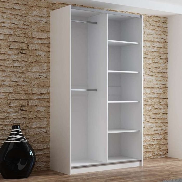 BORIS 2 door mirrored sliding wardrobe white with shelves and hanging space.